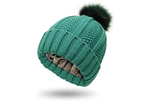 CAMELLIASS Women Knitted Beanie with Satin Lining Pom Pom Winter Warm Cap Bobble Hat