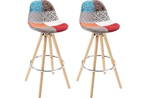 WOLTU Sgabelli da Bar Sedia Cucina con Schienale Tessuto di Lino Gambe Legno Patchwork 2 Pezzi
