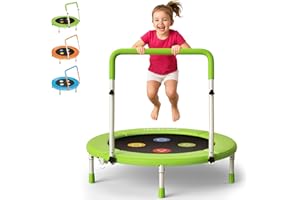 JOY SPOT! 3FT Kids Trampoline with Adjustable Handle, 36” Foldable Mini Trampoline for Ages 1-6, ASTM Certified Indoor Rebounder, Geometric Jumping Mat, No-Gap Silent Elastic Bands, Max Load 100 lbs