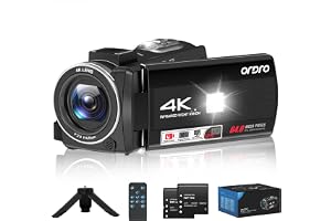 ORDRO Videokamera 4K, 64 MP vloggkamera med 18 x digital zoom, LED-fyllning, 3,0 tums skärm, IR nattvision, vloggkamera för YouTube med stativ och två batterier