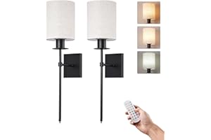 EDISHINE Wireless Wall Sconces Set of 2, Rechargeable LED Wall Lamp, Dimmable Wall Light Not Hardwired Fixture, USB Charging Bulbs with Remote, Modern Linen Lampshade Wall Light for Bedroom Hallway