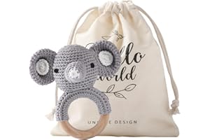 Youuys Giocattolo Sonaglio Neonati in Legno, Con Suono, Massaggiagengive All'uncinetto, Giochini Dentizione Neonati, Animali Morbidi Giocattoli, Regalo per Neonati Bambini (Elefanti)