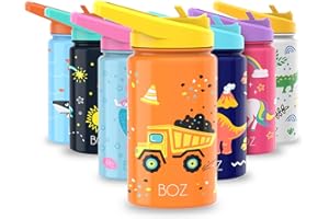 BOZ Botella Agua Niños con Pajita - Botella Agua Acero Inoxidable 414 ml, Botella Térmica Aislamiento Doble Pared Sin BPA, Botella Isotérmica Antiderrame con Asa Apta para el Lavavajillas (Tractor)