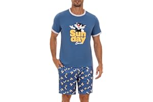 Demegimi Pyjama Court Homme Été Coton Décontracté Ensemble de Pyjamas pour Hommes Ete Pyjamas D'été pour Hommes Pyjamas à Manches Courtes Impression de Motif Mignon