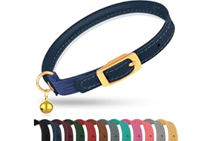 OOPSDOGGY Rolled Leather Cat Collar with Bell - Reflective Kitten Collar with Safety Elastic Strap - Adjustable Small Pet Collars for Boy Girl Cats (Blue)