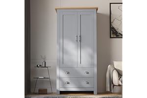 Blisswood Wardrobes for Bedroom 2 Door 2 Drawer Wardrobe MDF With Shelf Hanging Rail Cloth Storage Wooden Wardrobe With Drawer Large Cupboard Bedroom Furniture, Grey & Oak, 180H x 79W x 52D cm