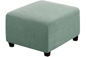 qiden Square Footstool Cover Jacquard Plush Thicker Large Stretch Pouffe Cover Anti-Slip Ottoman Slipcovers With Elastic Bottom, Machine Washable-Dusty Green-Small