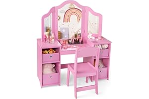 Maxmass 2 in 1 Kids Vanity and Chair, Wooden Children Dressing Table with Stool, Removable Tri-folding Mirror, 4 Storage Bins, Girls Makeup Tables Princess Dresser for 3+ Years Old (Pink)