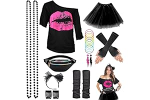 WILDPARTY 80s Fancy Dress For Women, Lip Print T-shirt, Tutu Skirt, Leg Warmers, Necklace, Fishnet Gloves, Earrings, 1980s Costumes Neon Accessories for Retro Theme Party Cosplay