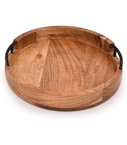 Set Di 2 Vassoi In Bambù Rotondi 25x25x5 Cm Con Manici - Perfetti Per Colazione, Tè, Snack E Decorazioni Da Tavolo