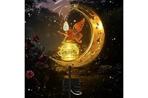 CHIVENIDO Moon Solar Lights Outdoor Garden Ornaments, Fairy Waterproof Solar Powered Outdoor Light, Star Crackle Glass Ball Stake Metal Lights Solar Garden LED Light Decoration Gift for Patio Lawn Yard Pathway