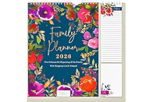 ZOPPER 2026 Family Organiser Calendar -Month to View - 2026 Family Planner Hanging with Shopping List, & Notepad Monthly Five Columns for organising Family - Floral