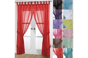 John Aird Pair Of Woven Voile Tab Top Curtain Panels. Tiebacks Included (Red, 58" Wide x 90" Drop)