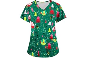 FTRGHNY Christmas Scrubs Tops Nurse Womens Nursing Uniforms Beauty Tunics Christmas Tree Santa Snowman Cute Printed V Neck Salons Wrap Mock Christmas Work Tops Health Care Uniform