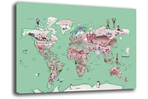PRINTERLAND Quadri Moderni MAPPAMONDO Mappa mondo Bambini Bimbo Bimba Quadro moderno da Parete XXL grande Stampa su tela Canvas Decorazione Murale muro Camera Cameretta bimbi (70x100 cm, Verde)
