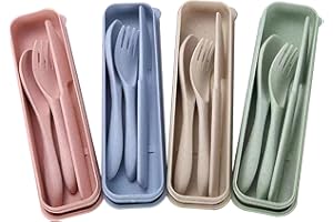 Honatrv 4 di Set di Posate da Viaggio con Astuccio,Posate Plastica Riutilizzabili,Coltelli, Forchette, Cucchiai, Posate da Campeggio Portatili per Viaggi, Picnic