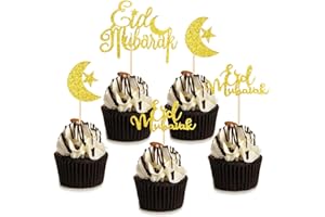 HOWAF 21 Pcs Eid Mubarak Cupcake Toppers, Gold Glitter Star Moon Eid Cupcake Toppers Eid Mubarak Cake Topper for Eid Party Muffin Cake Eid Mubarak Decorations Ramadan Party Supplies