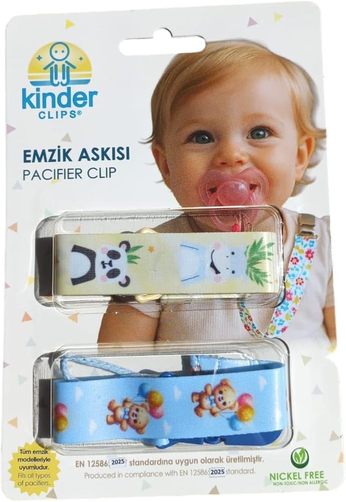 Kinder Clips Bebek Emzik Askısı, 2'li Set, Sevimli Hayvan Desenli, Plastik Klipsli, Nikelsiz, EN 12586:2025 Standartlarına Uygun