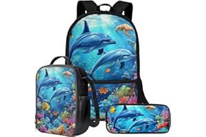 Wnbucioht Boys School Bags Sets Ocean Dolphin Print Backpack for Kids Children School Bookbag with Insulated Lunchbox Pencil Case 3 in 1 Animal Dolphin School Backpack for Girls Teens Casual Daypack