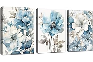 FajerminArt 3pcs Grande Stampa su Tela Con Cornice Grigio e blu fiori inchiostro Quadri Moderni pittura su tela poster Decorazione Murale Adatto Soggiorno Camera da letto 90x40cm(30x40cmx3)