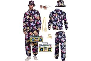 Vercico 80s Fancy Dress Men 90s Fancy Dress Rapper Costume with Rapper Accessories, Shell Suit 80s Tracksuit Mens Outfits for 90s Parties, Music Festivals, Hip-hop Raves