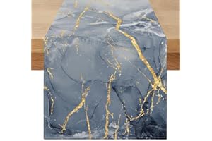 MIUYUNYA Tischläufer Waschbar Frühling 40 x 140 cm Sommer Tischläufer Moderne Marineblau und Grau Tischdekorationen Gold Texturierter Marmor für Cafe Esszimmer Kommode Couchtisch Finale