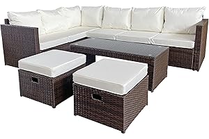 WOWCHER 8 Seater Rattan Corner Sofa Set Gunnersbury Weatherproof Garden Furniture L Shaped Sofa Glassed Topped Coffee Table Cushions with Removable Washable Covers Table Brown