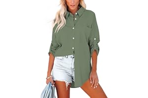 Homlan Chemisier pour Femme en Coton à Manches Longues Roll Up élégant Hauts décontractés Chemise boutonnée Unie à Manches Longues Tunique Chemisier avec Poches Poitrine