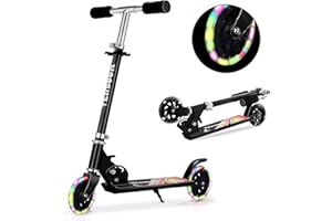 TENBOOM Trottinette pour enfants de 6 à 12 à 7 ans, facile à plier avec guidon réglable à 3 niveaux et frein arrière, trottinette lumineuse pour filles et garçons