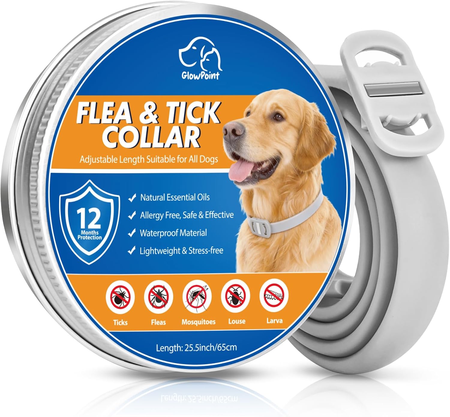 Collar Antiparasitario Perros, Collar Regulable y Resistente al Agua por 12 Meses, Repelente Duradero para la Prevención de Parasitas en Razas Pequeñas, Medianas y Grandes (65 cm)