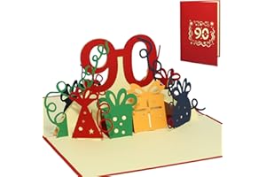 LINPOPUP® Kartka pop-up z okazji 90 urodzin, kartka urodzinowa 3D z kopertą, kartka podarunkowa na urodziny, prezent dla żony, koleżanki, jubileuszu, babci, 90, czerwona, N232