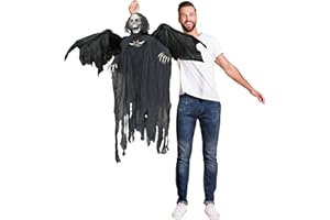 I LOVE FANCY DRESS LTD Ponure Reaper Halloween rekwizyt animowana dekoracja ze skrzydłami - czerwone świecące oczy i efekty dźwiękowe - Eerie Reaper z zmotoryzowanymi skrzydłami i głową - rekwizyty na Halloween, 1 opakowanie