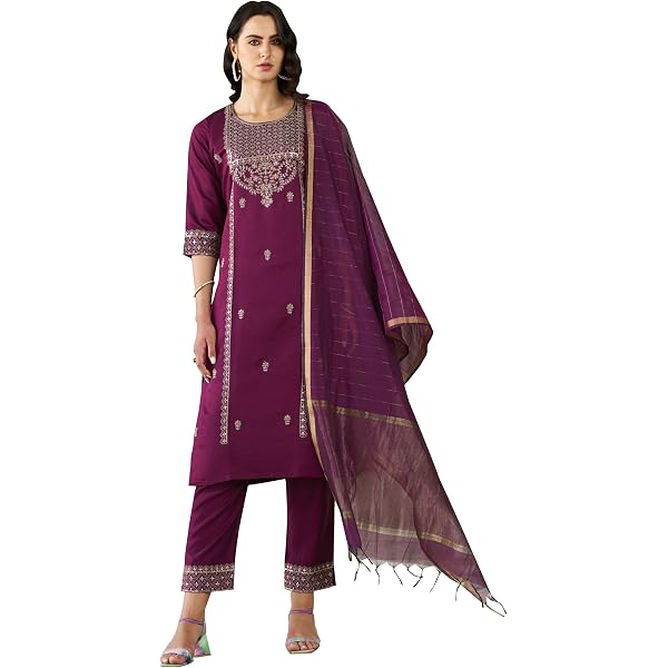Women's Embroidered Sequence Kurta Pant Set With Chanderi Ombre Dupatta - Ethnic Indian Outfit In Wine - View #2