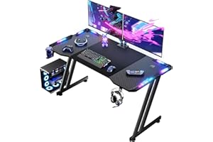 HLFURNIEU Bureau Gaming avec LED, Bureau Gamer 120 × 60 cm, Table Gaming Ergonomique, Bureau d'ordinateur Informatique avec Porte Gobelet et Crochet pour Casque, Noir