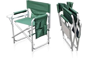 Sun Leisure® Folding Alloy Sports Directors Chair, Strong Sturdy Solid Alloy Frame, With Folding Side Table And Side Pockets, Fishing Garden Camping Chair (Green)