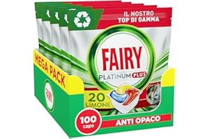 Fairy Platinum Plus Pastiglie Lavastoviglie, Detersivo Brillantante Lavastoviglie al Limone, 100 Lavaggi, 5x20 Capsule Lavastoviglie, Tecnologia Anti-Opaco con Azione Brillante