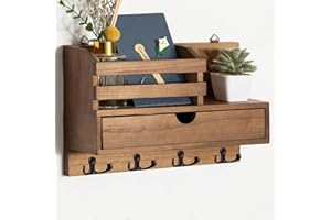 Irayin Key Holder Wall Mount, Key Racks for Wall, Wooden Adhesive Mail and Key Organizer with Drawer, Small Shelf, 8 Hooks, 2 Installation Methods, Brown