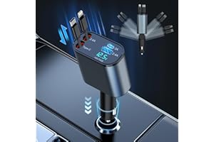 ROCKETEK Retractable Car Charger 100W 4 in 1 Car Charger Adapter with Type-C & Ligning Retractable Cables and 2 USB Ports, Electric Car Charger for iPhone 15 14 13 12 Pro Max Plus/Samsung Galaxy/Huawei/Xiaomi