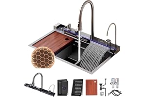 FIVIXIL Kitchen Sink Whale Double Waterfall Sink with LED Display with Cup Washer, soap Dispenser, Waterfall Mixer, countertop Controls, etc Workstation Kitchen Sink (68 * 46 * 22cm, Gun Grey)