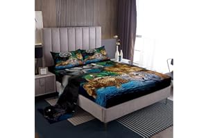 LOUSSIESD Set di biancheria da letto per bambini e donne e uomini con leone leopardato 3D animali selvatici natura palma set di lenzuola con tasca profonda lenzuolo con angoli per letto singolo, 3 pezzi