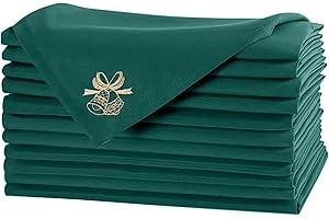 WedDecor Kitchen Cloth Napkins 50 x 50 cm Green Christmas Party Napkins with Jingle Bell Printed Polyester Serviettes for Xmas, Washable and Reusable Table Dinner Napkins for Hotel, Party, Pack of 6