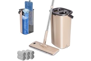 Midyb Zestaw mopa z wiadrem, płaską myjką i wiadrem z 6 podkładkami do wycierania na mokro i sucho, mopy z mikrofibry do czyszczenia twardego drewna, laminatu, podłóg z płytek