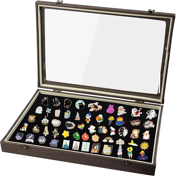 Coffret Vitrine En Bois Pour 100 Pins | Collection Épinglettes - 37.5x26cm | Présentation Velours Noir