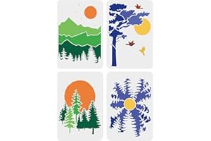 FINGERINSPIRE 4PCS Forest Landscape Drawing Stencil 29.7x21cm Plastic Sunrise Sunset Stencils Moon Template Large Reusable Tree Mountains Plants Birds Craft Stencil for Wood Wall Paper