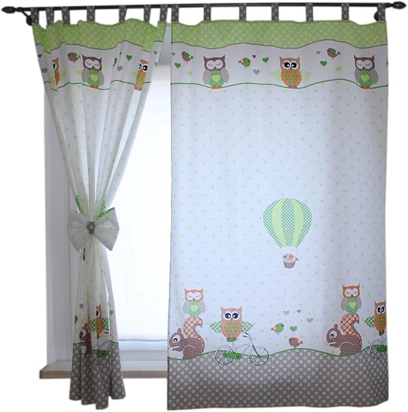 TupTam Tende con Bracciali per Camerette per Bambini 2 pz, Gufi 2 Verde, c. 155x95 cm - 1