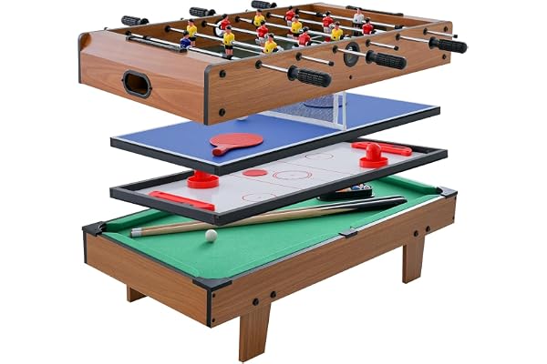 FANTASK 4 i 1 spelbord, multifunktionellt biljardbord i trä och bordtennisbord och flygfält hockeybord och kickerbord