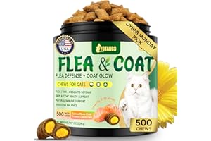 YOTANGO Cat Flea Chews Crunchy & Creamy Chewables, 500 Chews Natural Flea and Tick Support for Cats + Skin and Coat Support, Daily Chewables for Cats and Kittens (Salmon Flavor)