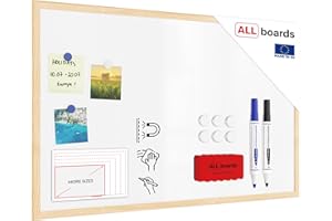 ALLboards Lavagna Bianca Magnetica con Cornice in Legno 80x50cm Scrivibile e Cancellabile a Secco, a Parete