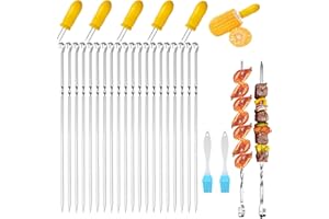 AOIUENOK 27 Pièces Brochettes pour Barbecue en Acier Inoxydable, Brochettes BBQ Brochette Barbecue, Brochettes en métal Plat - Livré avec des Brochettes de Maïs, Pinceau de Cuisine (A)