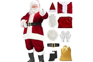 Générique Costume Pere Noel Ensemble,Déguisement père noël Adulte, Pantalon à Bande élastique, Costume de Père Noël Universel de Grande Taille, Ensemble de fête de Noël, Cosplay, 9 pièces